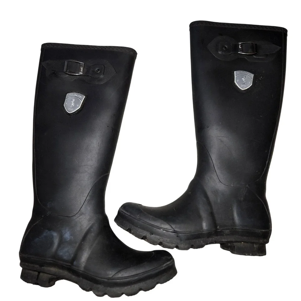 Kamik Womens Black Tall Rubber Rain Boots Size 6 Waterproof Buckle Lug Sole